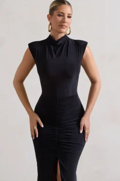 Samira | Black Ruched High-Neck Split Maxi Dress