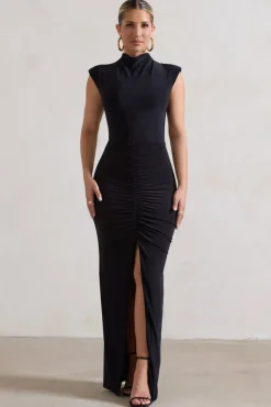 Samira | Black Ruched High-Neck Split Maxi Dress