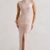 Samira | Champagne Ruched High-Neck Split Maxi Dress