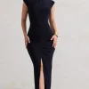Samira | Navy Ruched High-Neck Split Maxi Dress