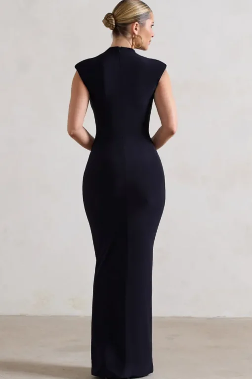 Samira | Navy Ruched High-Neck Split Maxi Dress