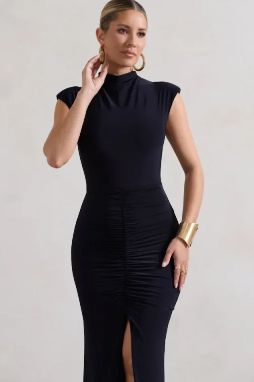 Samira | Navy Ruched High-Neck Split Maxi Dress