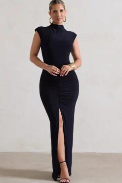 Samira | Navy Ruched High-Neck Split Maxi Dress