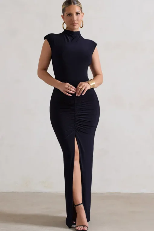 Samira | Navy Ruched High-Neck Split Maxi Dress