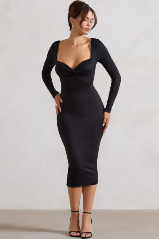 Sammy | Black Bodycon Sweetheart Midi Dress