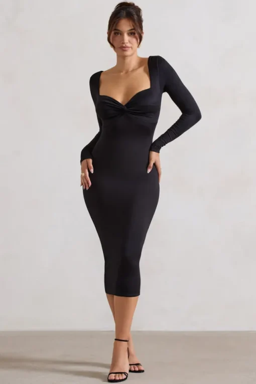 Sammy | Black Bodycon Sweetheart Midi Dress