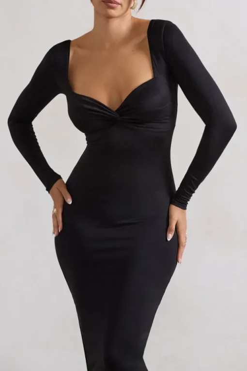 Sammy | Black Bodycon Sweetheart Midi Dress