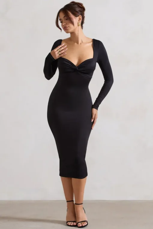 Sammy | Black Bodycon Sweetheart Midi Dress
