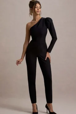 San Jose | Black One-Shoulder Puff-Sleeve Jumpsuit