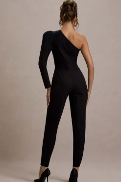 San Jose | Black One-Shoulder Puff-Sleeve Jumpsuit