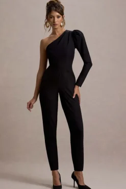 San Jose | Black One-Shoulder Puff-Sleeve Jumpsuit