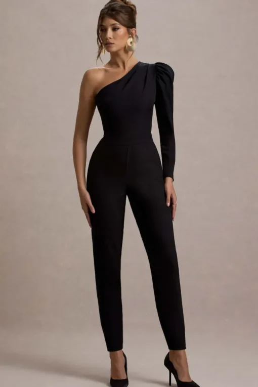 San Jose | Black One-Shoulder Puff-Sleeve Jumpsuit