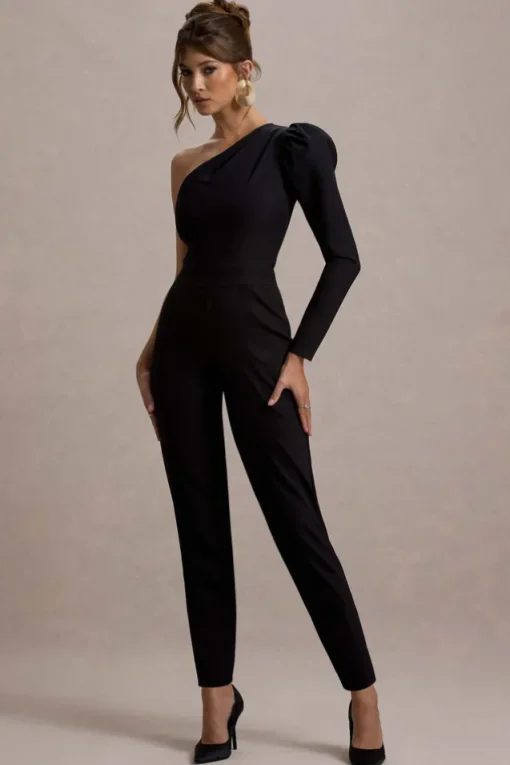 San Jose | Black One-Shoulder Puff-Sleeve Jumpsuit