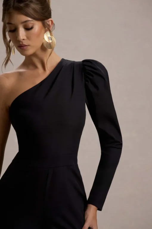 San Jose | Black One-Shoulder Puff-Sleeve Jumpsuit