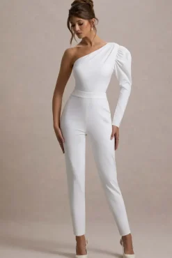 San Jose | White One-Shoulder Puff-Sleeve Jumpsuit