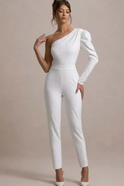 San Jose | White One-Shoulder Puff-Sleeve Jumpsuit