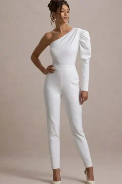 San Jose | White One-Shoulder Puff-Sleeve Jumpsuit