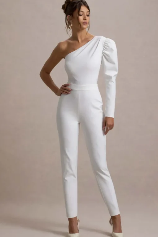 San Jose | White One-Shoulder Puff-Sleeve Jumpsuit