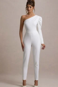 San Jose | White One-Shoulder Puff-Sleeve Jumpsuit