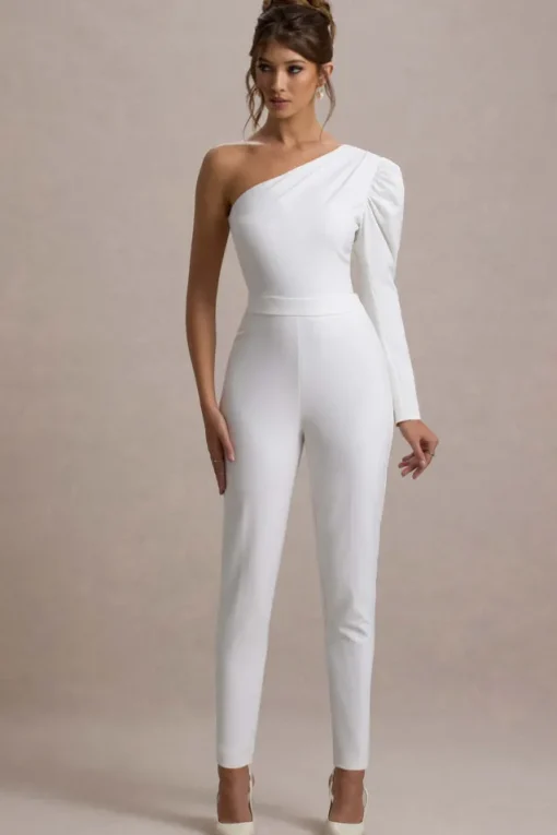 San Jose | White One-Shoulder Puff-Sleeve Jumpsuit
