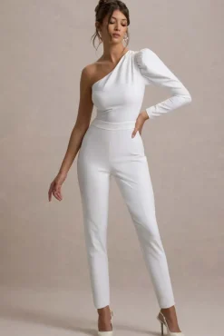 San Jose | White One-Shoulder Puff-Sleeve Jumpsuit