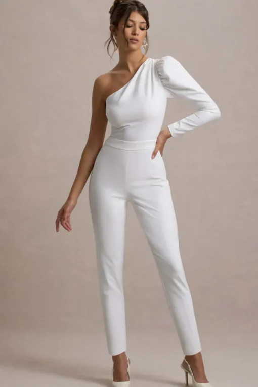San Jose | White One-Shoulder Puff-Sleeve Jumpsuit