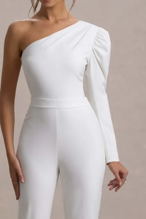 San Jose | White One-Shoulder Puff-Sleeve Jumpsuit