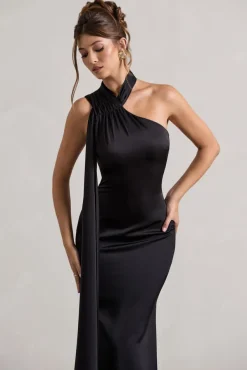 Sancia | Black Satin Asymmetric Maxi Dress With Sash