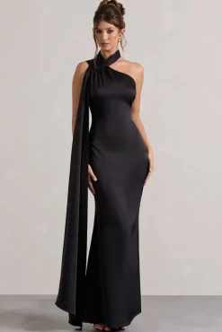 Sancia | Black Satin Asymmetric Maxi Dress With Sash
