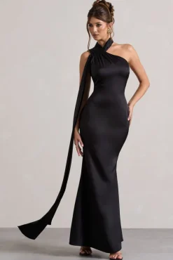 Sancia | Black Satin Asymmetric Maxi Dress With Sash