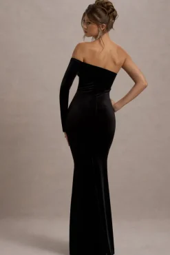 Sandrine | Black Velvet One-Sleeve Fishtail Maxi Dress