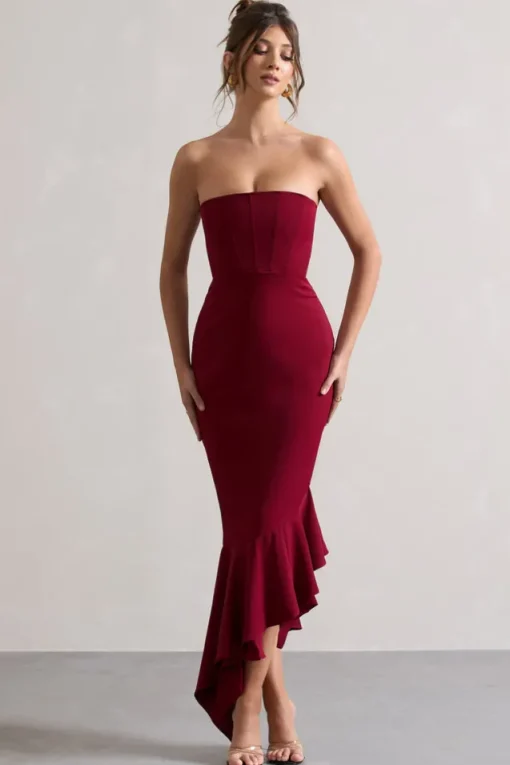 Sandy | Berry Strapless Corset Asymmetric Maxi Dress