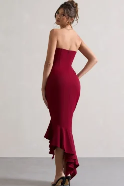 Sandy | Berry Strapless Corset Asymmetric Maxi Dress