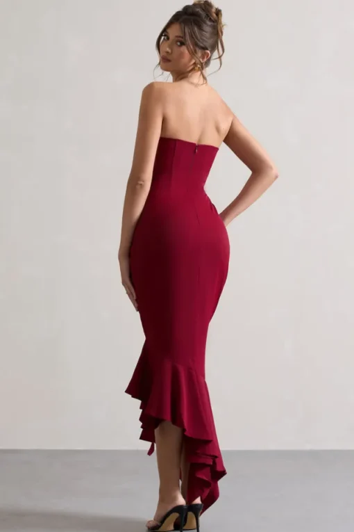 Sandy | Berry Strapless Corset Asymmetric Maxi Dress