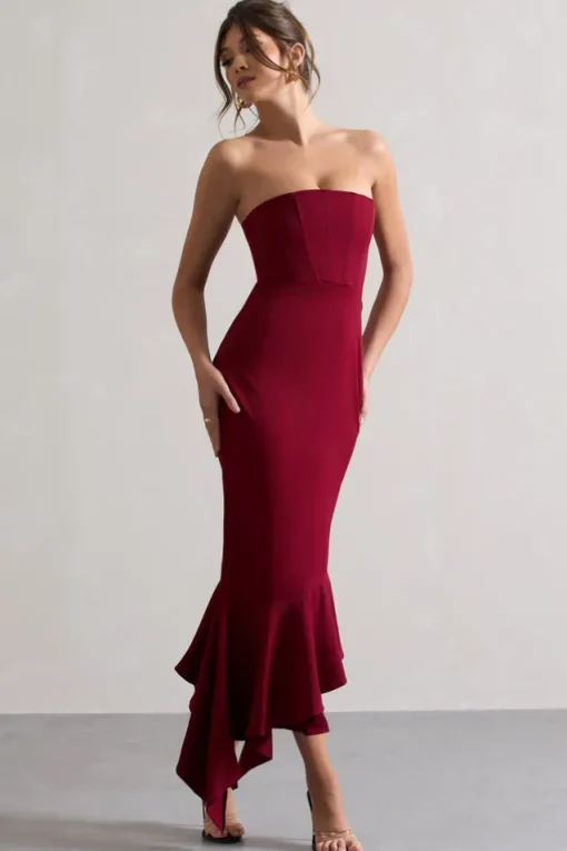 Sandy | Berry Strapless Corset Asymmetric Maxi Dress