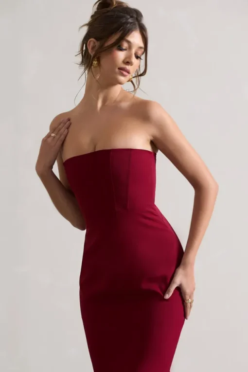 Sandy | Berry Strapless Corset Asymmetric Maxi Dress