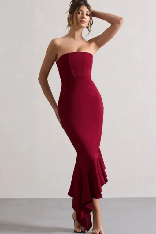 Sandy | Berry Strapless Corset Asymmetric Maxi Dress