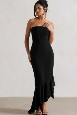 Sandy | Black Strapless Corset Asymmetric Maxi Dress