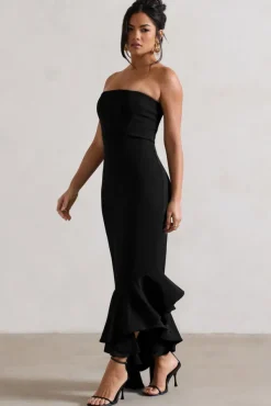 Sandy | Black Strapless Corset Asymmetric Maxi Dress