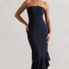 Sandy | Navy Strapless Corset Asymmetric Maxi Dress