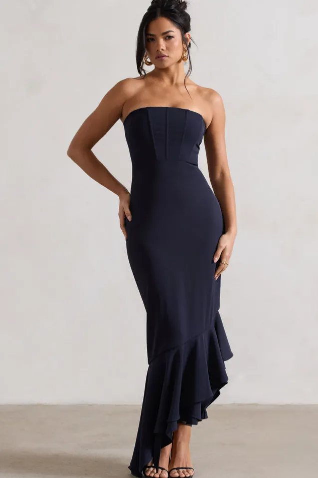 Sandy | Navy Strapless Corset Asymmetric Maxi Dress