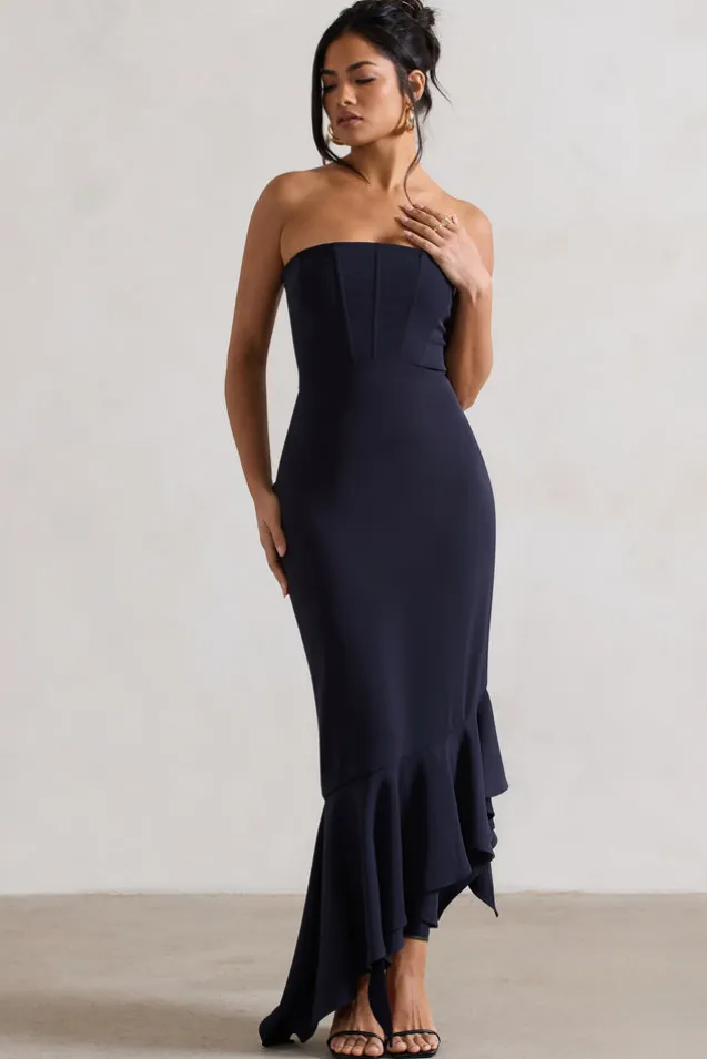 Sandy | Navy Strapless Corset Asymmetric Maxi Dress
