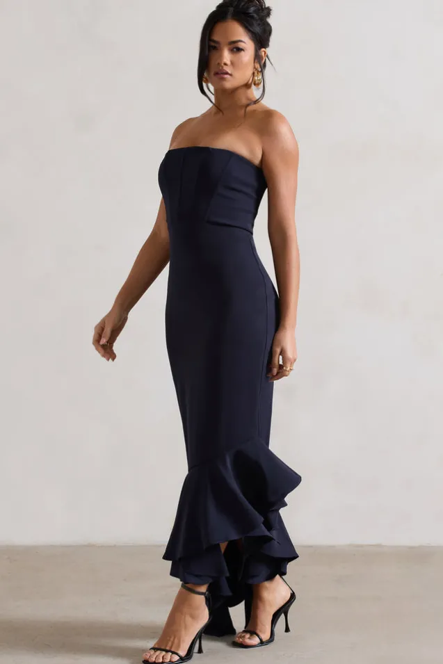 Sandy | Navy Strapless Corset Asymmetric Maxi Dress