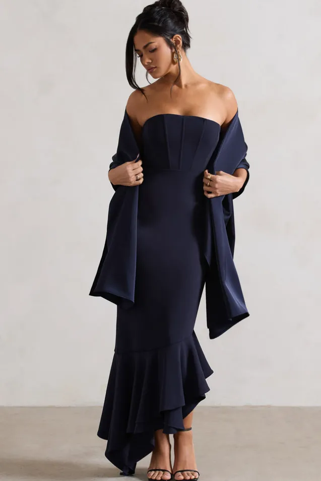 Sandy | Navy Strapless Corset Asymmetric Maxi Dress