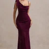 Sangria | Burgundy Satin Jacquard Cowl-Neck Maxi Dress