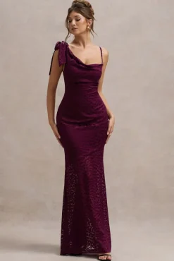 Sangria | Burgundy Satin Jacquard Cowl-Neck Maxi Dress