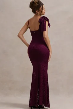 Sangria | Burgundy Satin Jacquard Cowl-Neck Maxi Dress