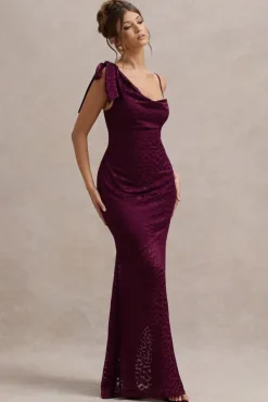 Sangria | Burgundy Satin Jacquard Cowl-Neck Maxi Dress