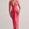 Santana | Coral Plunge-Neck Split Maxi Dress With Knot Detail