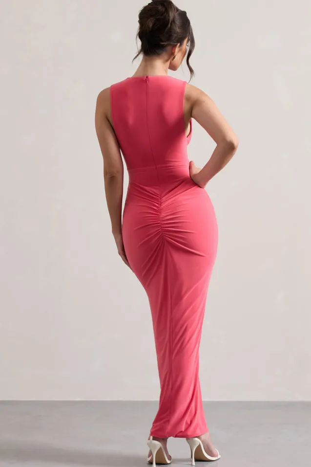 Santana | Coral Plunge-Neck Split Maxi Dress With Knot Detail
